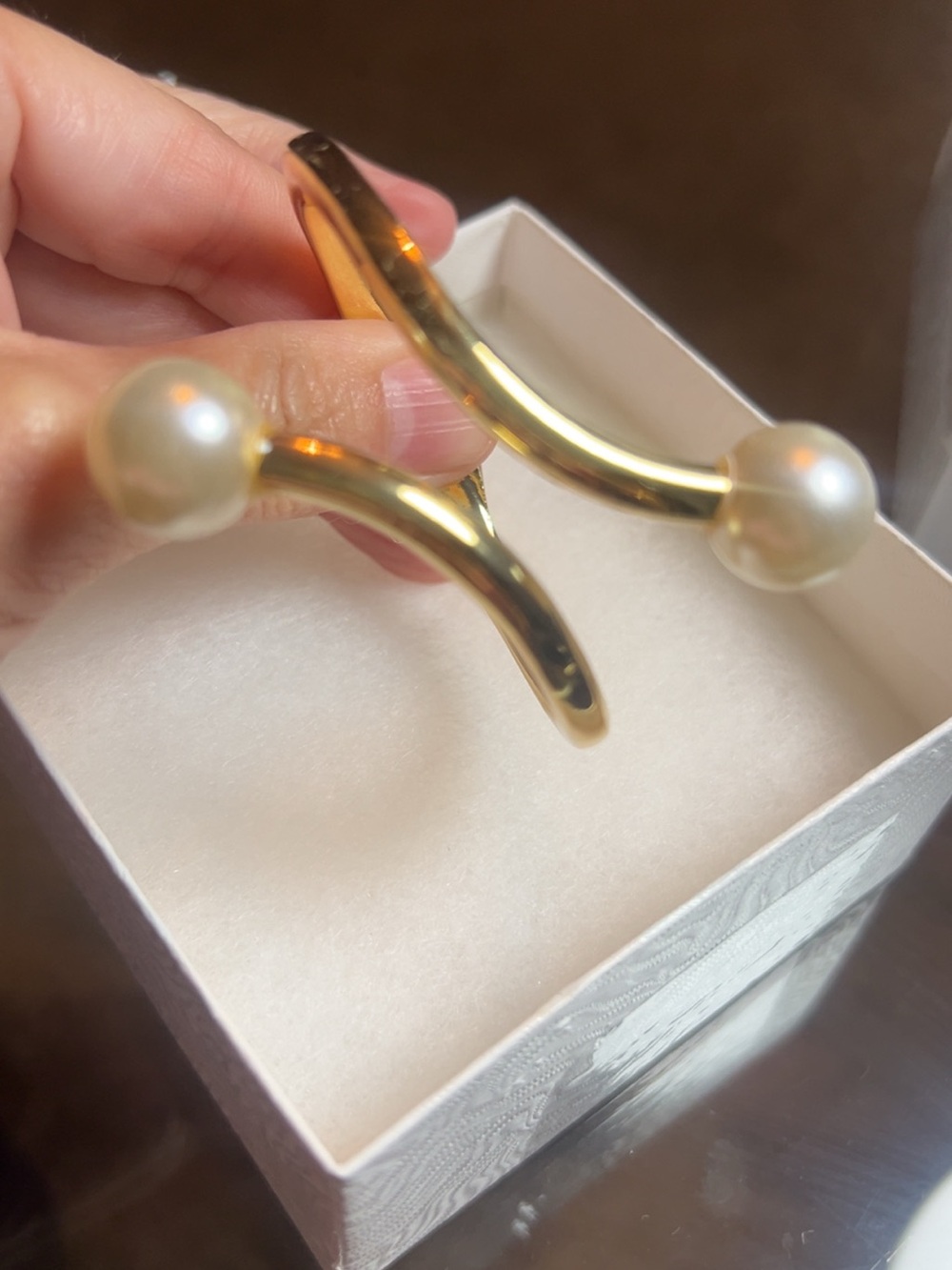 Gold Pearl Accent Open Cuff Bracelet - Women Jewelry